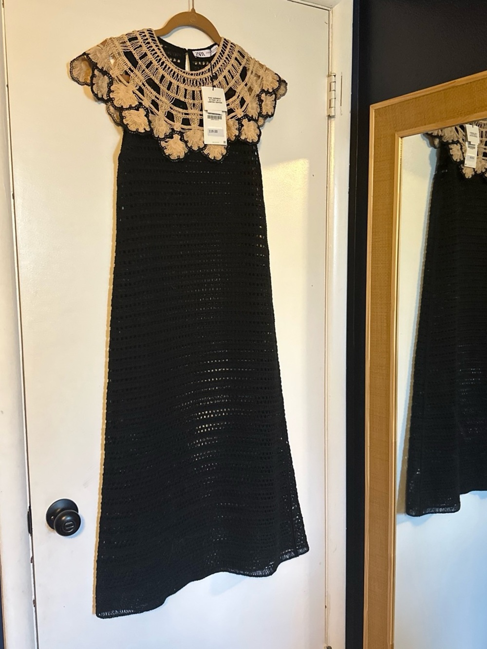 Zara Black Crochet Maxi Dress with Cream Floral Yoke XS/S - Picture 6 of 7